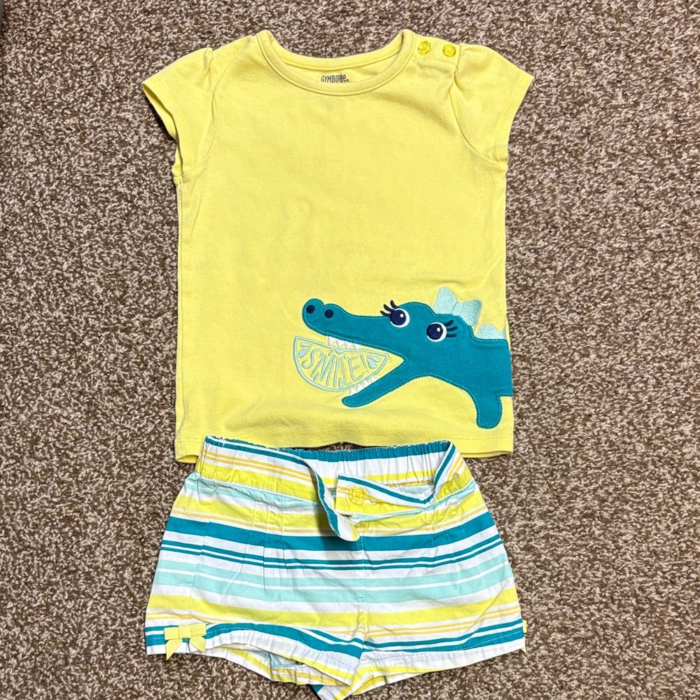 Gymboree girls Yellow & Teal Crocodile T-Shirt and Striped Shorts Set